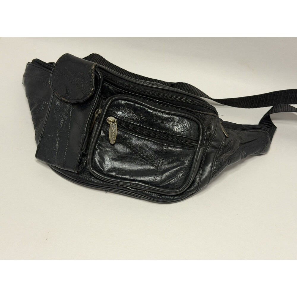 Vintage 90s Tinder Black Leather Patchwork Fanny Pack Waist Bag Crossbody Bag